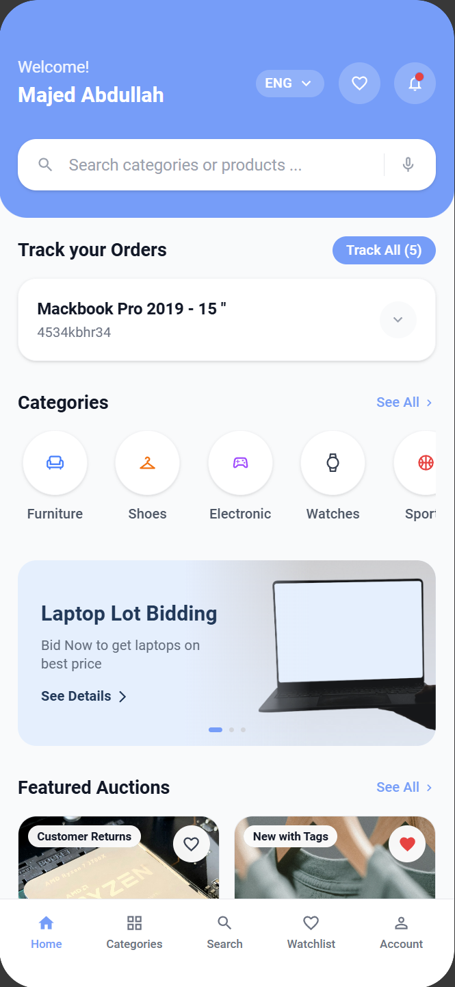 Bidder app home feed